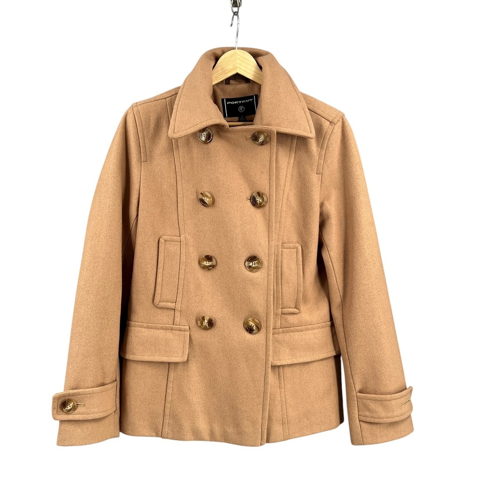 PORTRAIT Tan Wool Blend Double Breasted Peacoat‎ Jacket Size Medium Minor Flaws